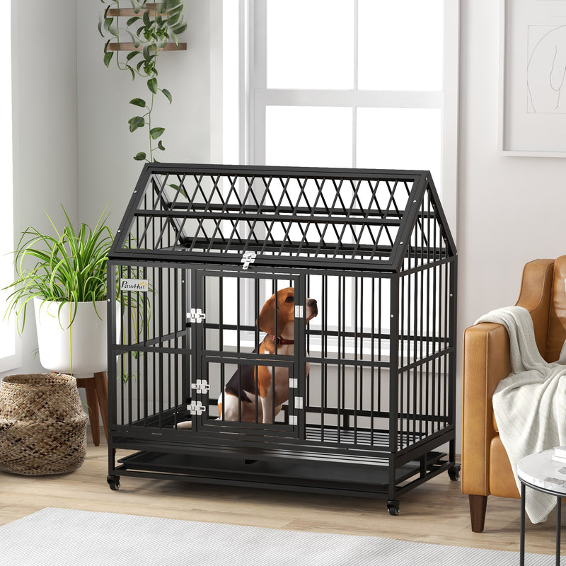 Gaiola para Cães Grandes 123x74x125 cm Canil Metálico com Rodas Bandeja Removível Trancas 2 Portas Frontais 1 Porta no Teto e Estrutura de Aço Preto