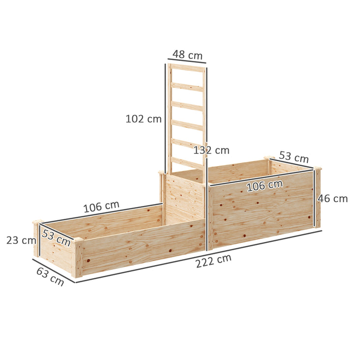 Floreira Exterior Grande de Madeira Floreira Elevada com Treliça para Plantas Trepadoras e 2 Caixas de Cultivo para Jardim Pátio Terraço 222x63x132 cm Madeira
