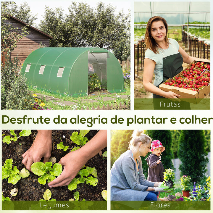 Estufa Tipo Túnel 4,5x3x2 m Estufa de Exterior com Paredes Laterais Enroláveis 6 Janelas de Malha e Porta Enrolável com Fecho de Correr para Jardim Pátio Verde