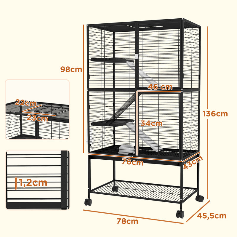 Gaiola para Animais Pequenos de 4 Níveis Parque para Animais com Rodas Rampa Comedouro Bebedouro e Bandeja Removível para Chinchilas Furões 78x45,5x136 cm Preto