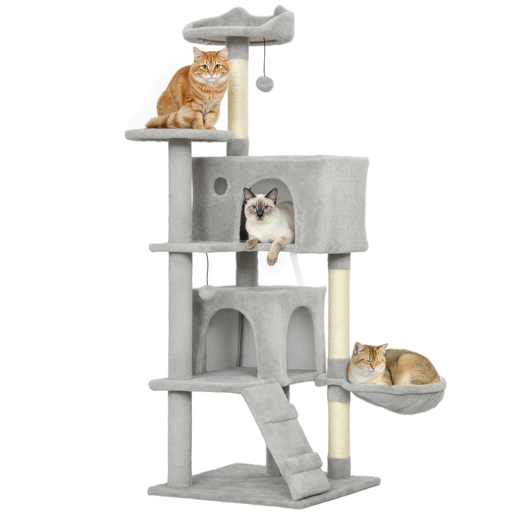 Arranhador para Gatos 140 cm Torre de Escalada com Múltiplas Plataformas Cama 2 Cavernas Rede Escada Postes de Sisal Bolas para Brincar Cinzento Claro