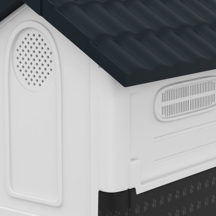 Casota para Cães Mini de Exterior Casa de Plástico com 3 Janelas Base Elevada Telhado Imitando Telhas 64,5x57x66 cm Cinzento Escuro