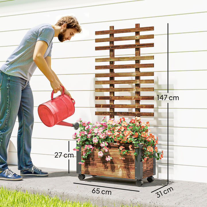 Floreira Exterior de Madeira Floreira com Treliça para Plantas Trepadeiras Tecido não Tecido Rodas e Cantos Metálicos de Dupla Camada para Pátio Varanda 65x31x147 cm Madeira