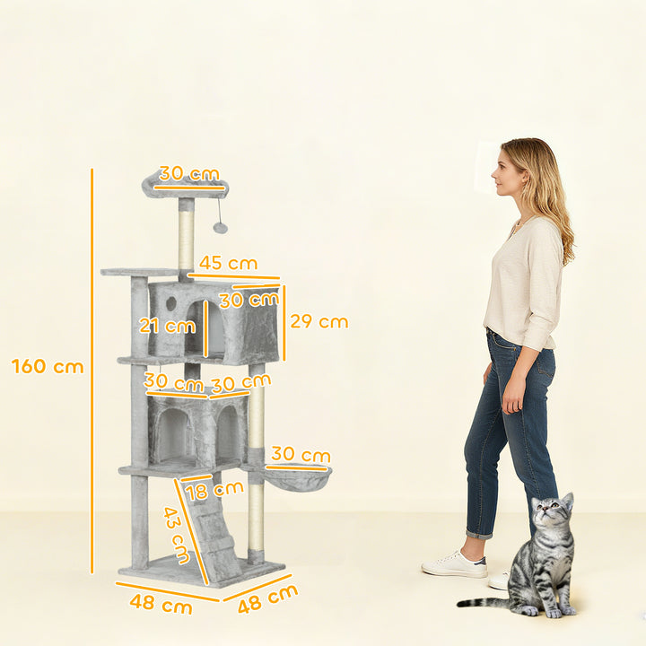 Arranhador para Gatos 160 cm Torre de Escalada com Múltiplas Plataformas Cama 2 Cavernas Rede Escada Postes de Sisal Bolas para Brincar Cinzento Claro