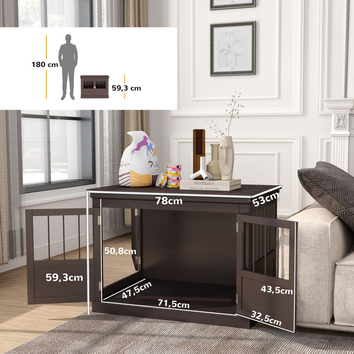 Gaiola para Cães com Mesa Auxiliar Casa para Animais de Estimação Moderna com 3 Portas Francês e Fecho Magnético para Cães Pequenos 78x53x59,3 cm Castanho
