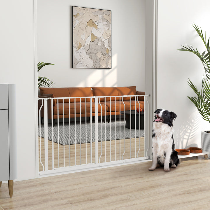 Barreira de Segurança para Cães Extensível para Escadas e Portas 75-145cm com 3 Extensões e 10 cm 20cm e 30cm Montagem a Pressão Aço Altura 76cm Branco