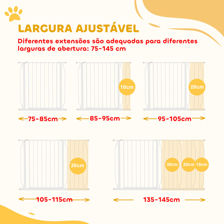 Barreira de Segurança para Cães Extensível para Escadas e Portas 75-145cm com 3 Extensões e 10 cm 20cm e 30cm Montagem a Pressão Aço Altura 76cm Branco