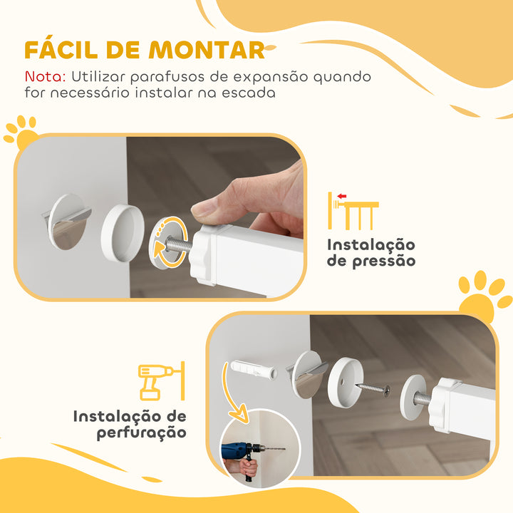 Barreira de Segurança para Cães Extensível para Escadas e Portas 75-145cm com 3 Extensões e 10 cm 20cm e 30cm Montagem a Pressão Aço Altura 76cm Branco