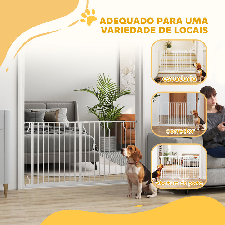 Barreira de Segurança para Cães Extensível para Escadas e Portas 75-145cm com 3 Extensões e 10 cm 20cm e 30cm Montagem a Pressão Aço Altura 76cm Branco