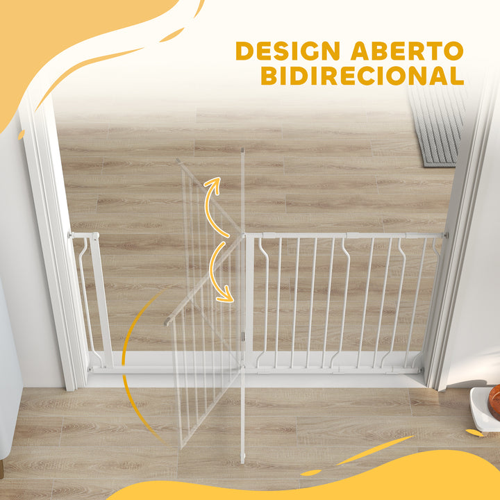 Barreira de Segurança para Cães Extensível para Escadas e Portas 75-145cm com 3 Extensões e 10 cm 20cm e 30cm Montagem a Pressão Aço Altura 76cm Branco