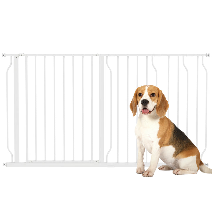 Barreira de Segurança para Cães Extensível para Escadas e Portas 75-145cm com 3 Extensões e 10 cm 20cm e 30cm Montagem a Pressão Aço Altura 76cm Branco