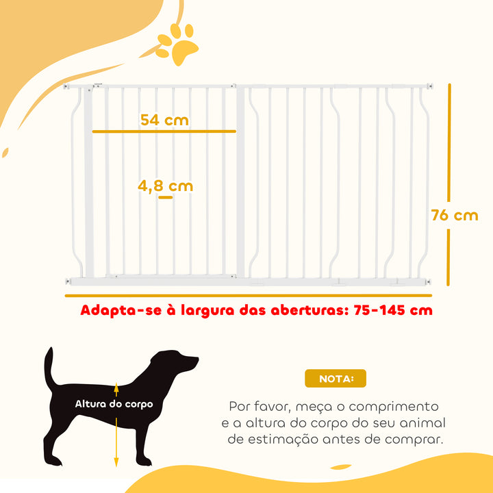 Barreira de Segurança para Cães Extensível para Escadas e Portas 75-145cm com 3 Extensões e 10 cm 20cm e 30cm Montagem a Pressão Aço Altura 76cm Branco