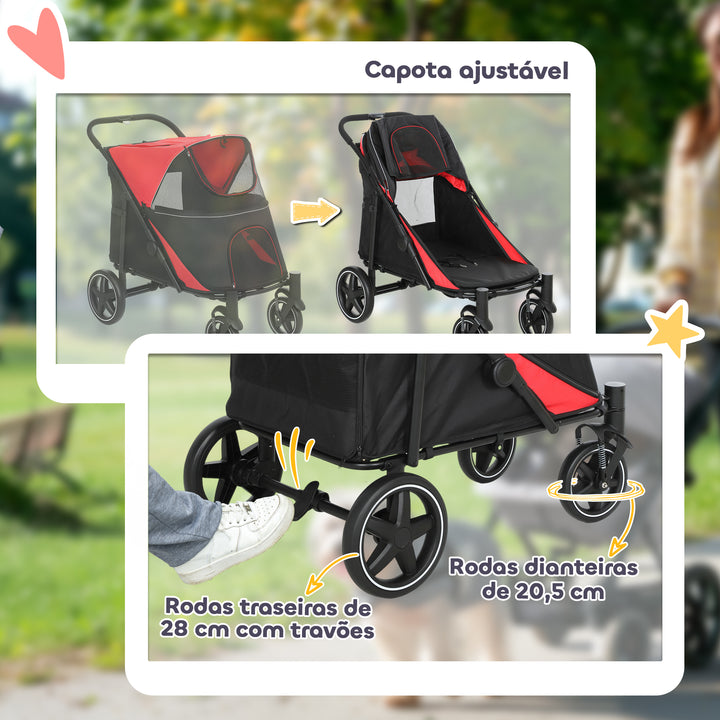 Carrinho para Cães Dobrável Carrinho para Animais de Estimação com Janelas de Malha Cinto de Segurança e Bolsos de Armazenamento Carga Máxima 40 kg 112x65x100 cm Vermelho