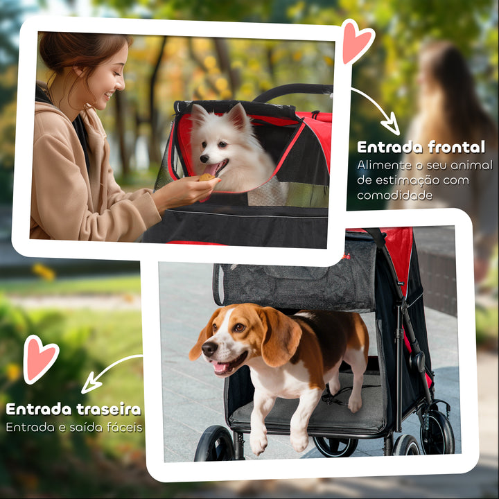 Carrinho para Cães Dobrável Carrinho para Animais de Estimação com Janelas de Malha Cinto de Segurança e Bolsos de Armazenamento Carga Máxima 40 kg 112x65x100 cm Vermelho