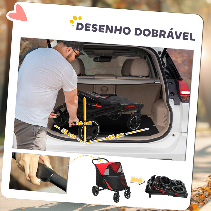Carrinho para Cães Dobrável Carrinho para Animais de Estimação com Janelas de Malha Cinto de Segurança e Bolsos de Armazenamento Carga Máxima 40 kg 112x65x100 cm Vermelho