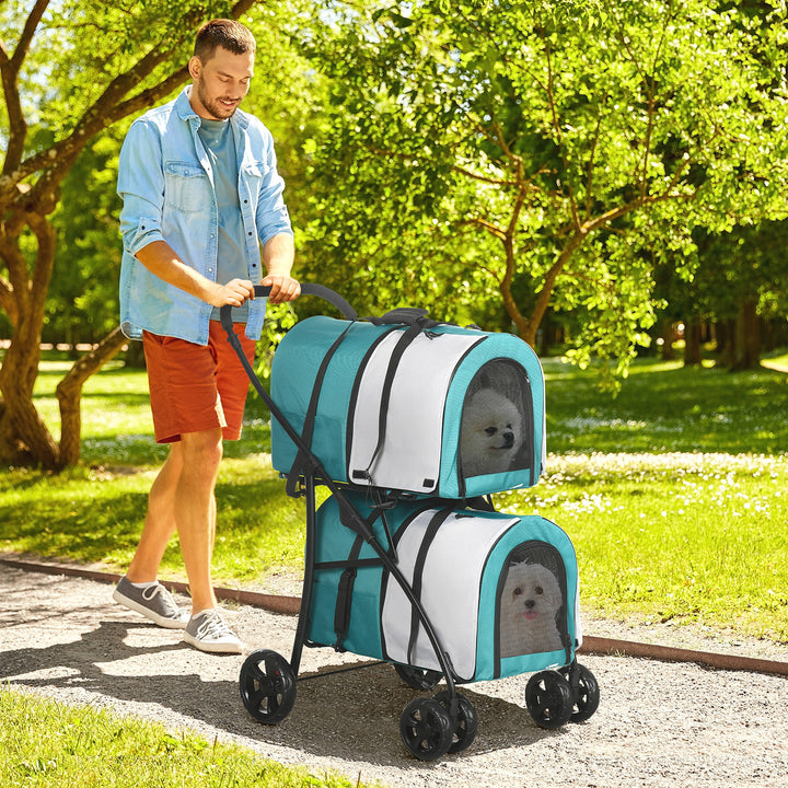 Carrinho Duplo para Cães Gatos Carrinho Dobrável para Animais de Estimação com 2 Transportadoras Portáteis Cinto de Segurança Bolsos Laterais e 2 Almofadas 66x50x98 cm Turquesa e Cinza