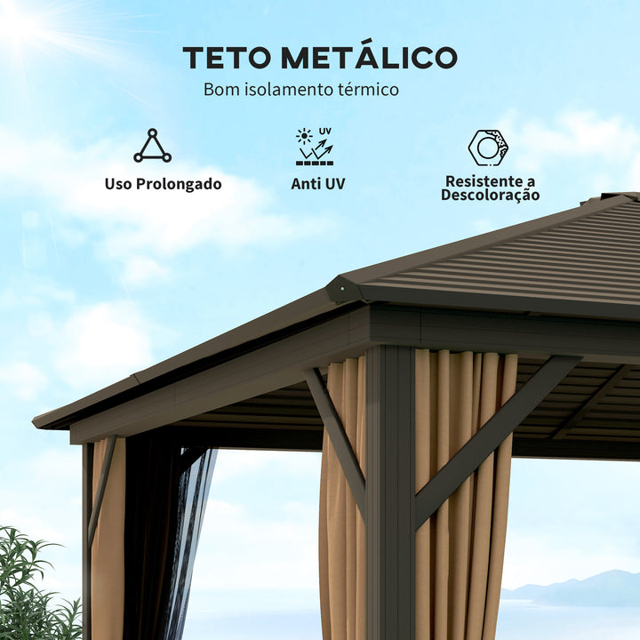 Pérgola para Jardim 3x3,65 m Pérgola de Exterior com Teto Duplo 4 Paredes Laterais 4 Mosquiteiras Anti-UV e Estrutura de Alumínio Pérgola de Exterior Pátio Marrom