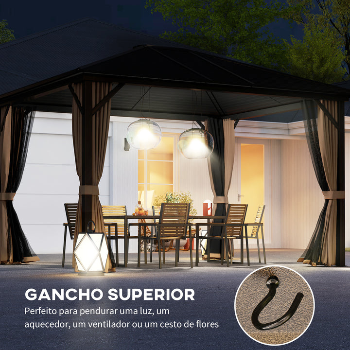 Pérgola para Jardim 3x3,65 m Pérgola de Exterior com Teto Duplo 4 Paredes Laterais 4 Mosquiteiras Anti-UV e Estrutura de Alumínio Pérgola de Exterior Pátio Marrom