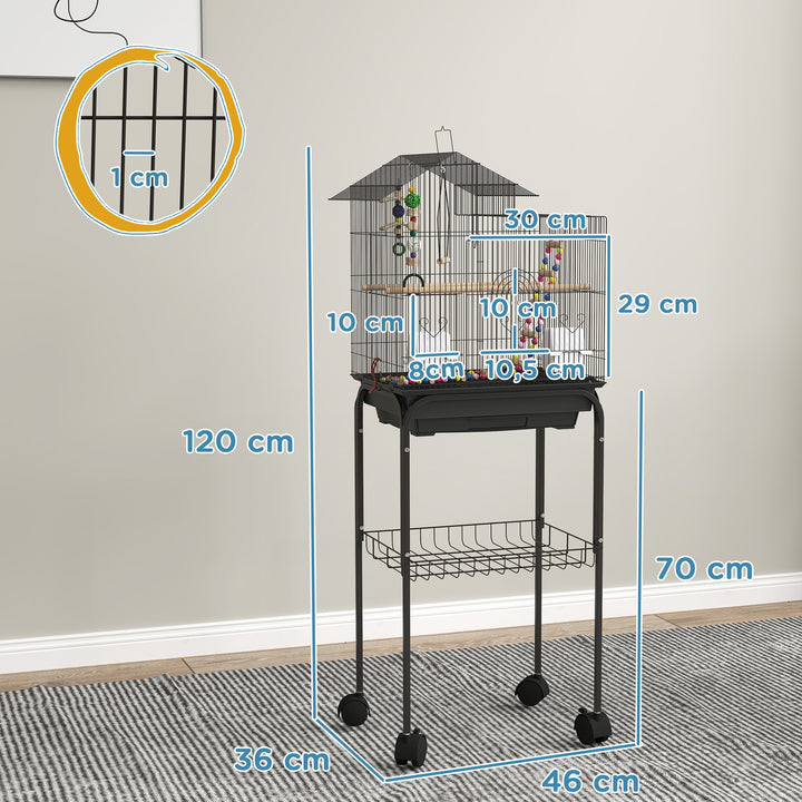 Gaiola para Passáros Gaiola de Metal com Múltiplas Portas 4 Comedouros 3 Poleiros Baloiço Escadas e Bandeja Removível para Periquitos Canários 46x36x120 cm Preto