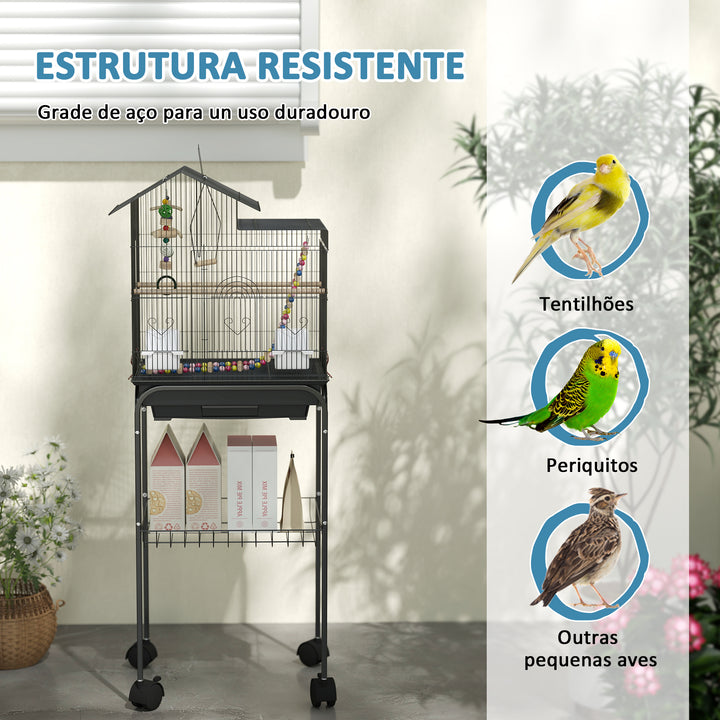 Gaiola para Passáros Gaiola de Metal com Múltiplas Portas 4 Comedouros 3 Poleiros Baloiço Escadas e Bandeja Removível para Periquitos Canários 46x36x120 cm Preto