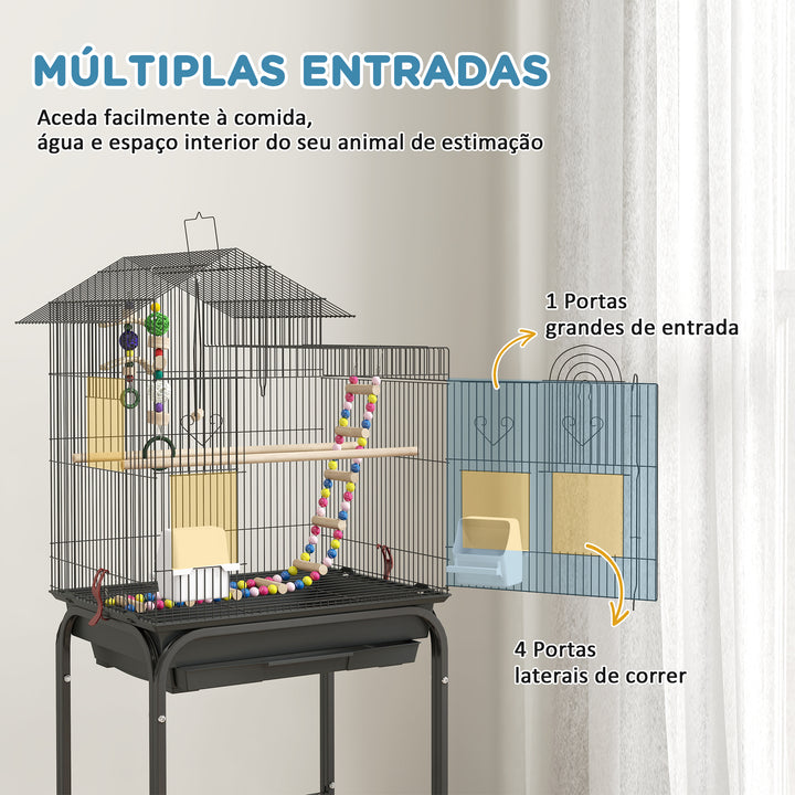 Gaiola para Passáros Gaiola de Metal com Múltiplas Portas 4 Comedouros 3 Poleiros Baloiço Escadas e Bandeja Removível para Periquitos Canários 46x36x120 cm Preto