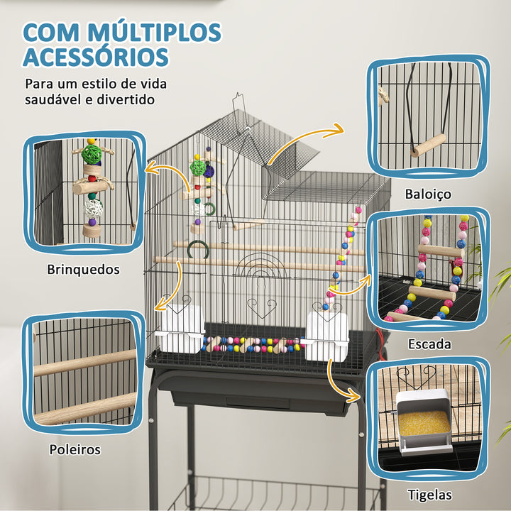 Gaiola para Passáros Gaiola de Metal com Múltiplas Portas 4 Comedouros 3 Poleiros Baloiço Escadas e Bandeja Removível para Periquitos Canários 46x36x120 cm Preto