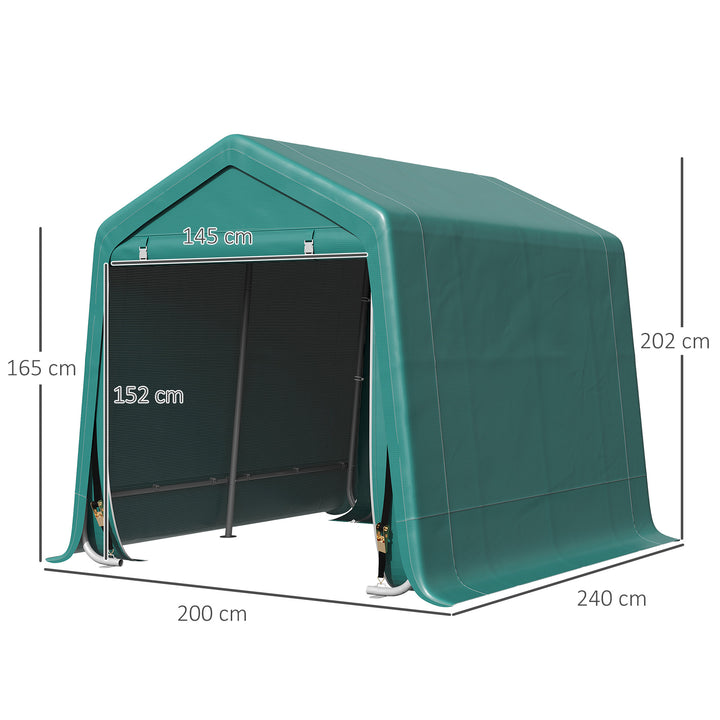 Abrigo de Exterior para Ferramentas Bicicleta 2,4x2x2,02 m Abrigo de Armazenamento com 2 Portas com Fecho de Correr Impermeável Anti-UV para Jardim Verde