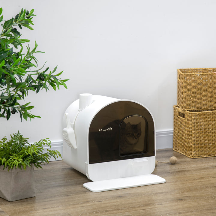 Caixa de Areia para Gatos Caixa de Areia Fechada para Gatos com Porta Dianteira Bandeja Removível Pá Tapete e Filtro 43x44x47cm Branco