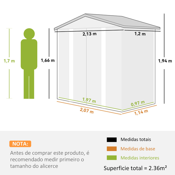 Abrigo de Jardim Exterior 2,36m² 213x120x194 cm Abrigo de Exterior com Base Reforçada (Piso NÃO Incluído) Portas de Correr Duplas Fechadura Janelas Verde Claro