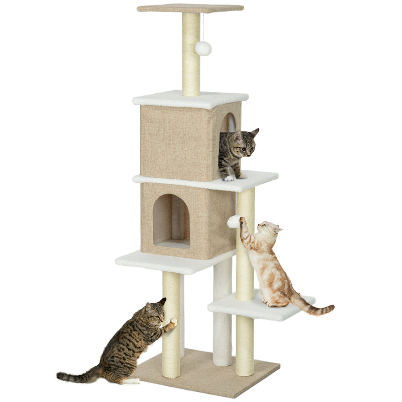 Arranhador para Gatos em Borrego Altura 140 cm Arranhador para Gatos com 2 Cavernas Plataformas Bolas Suspensas e Poste de Sisal Marrom Claro