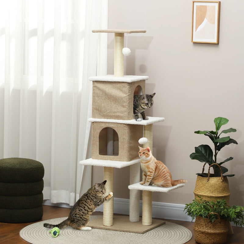 Arranhador para Gatos em Borrego Altura 140 cm Arranhador para Gatos com 2 Cavernas Plataformas Bolas Suspensas e Poste de Sisal Marrom Claro