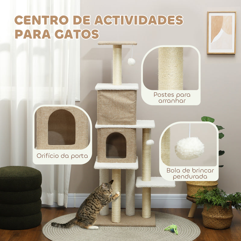 Arranhador para Gatos em Borrego Altura 140 cm Arranhador para Gatos com 2 Cavernas Plataformas Bolas Suspensas e Poste de Sisal Marrom Claro