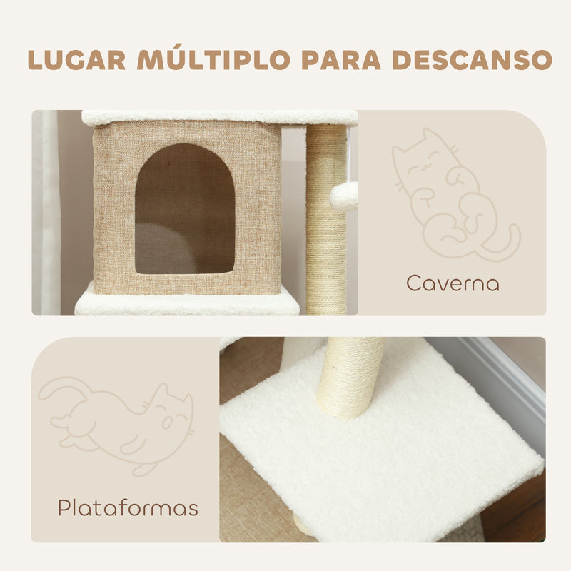 Arranhador para Gatos em Borrego Altura 140 cm Arranhador para Gatos com 2 Cavernas Plataformas Bolas Suspensas e Poste de Sisal Marrom Claro