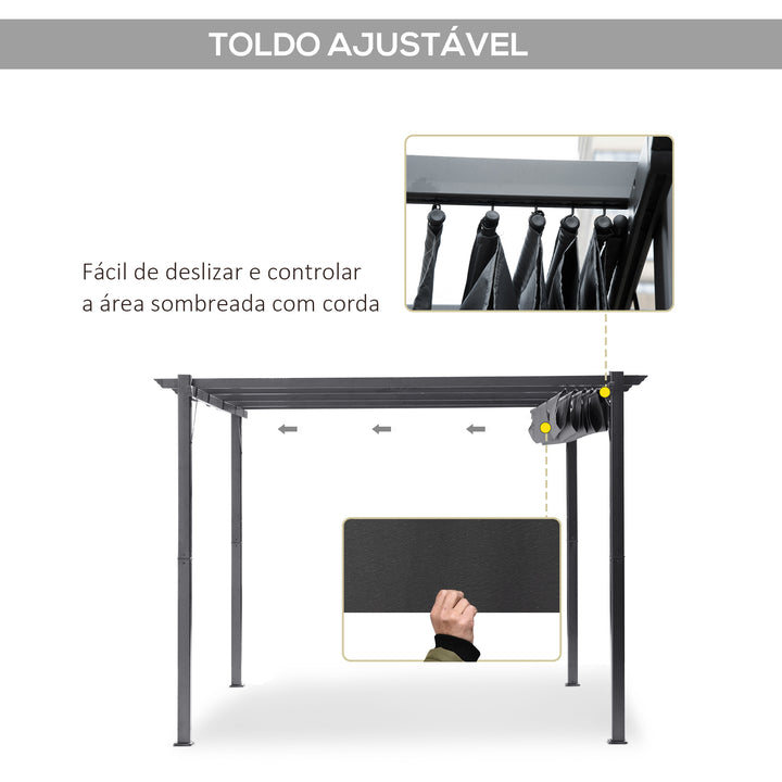 Pérgola de Jardim 300x300x223 cm com Toldo de Poliéster Retrátil e Estrutura de Alumínio para Exterior Pátio Cinzento