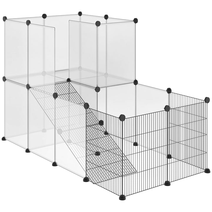 Recinto para Animais de Estimação Pequenos DIY com 21 Painéis de Resina e 6 Painéis de Arame Gaiola Modular de Plástico para Hamsters Cobaias Coelhos 140x70x90cm Transparente e Preto