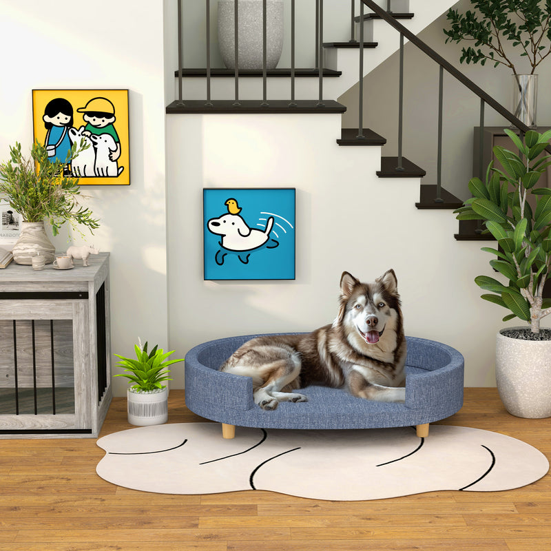 Sofá para Cães Grandes Sofá para Animais de Estimação com Almofada Amovível Capa Lavável e Pés de Madeira Carga 30 kg para Interior 100x70x25 cm Azul