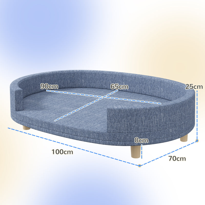 Sofá para Cães Grandes Sofá para Animais de Estimação com Almofada Amovível Capa Lavável e Pés de Madeira Carga 30 kg para Interior 100x70x25 cm Azul