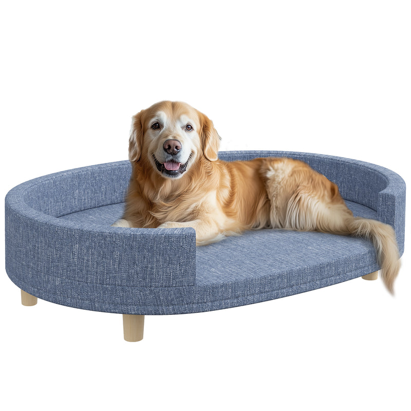 Sofá para Cães Grandes Sofá para Animais de Estimação com Almofada Amovível Capa Lavável e Pés de Madeira Carga 30 kg para Interior 100x70x25 cm Azul