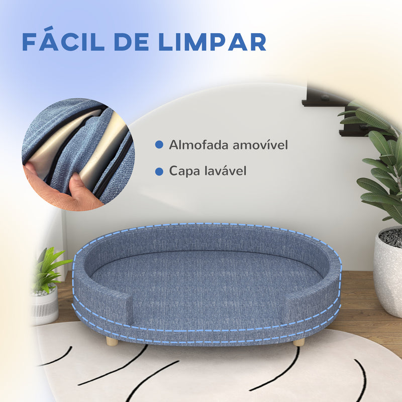 Sofá para Cães Grandes Sofá para Animais de Estimação com Almofada Amovível Capa Lavável e Pés de Madeira Carga 30 kg para Interior 100x70x25 cm Azul