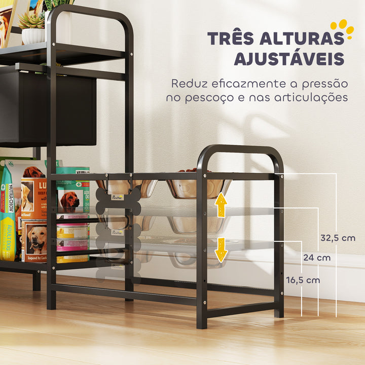 Comedouro Elevado para Cães com Gaveta em Tecido 2 Taças de Aço Inoxidável 2x800 ml Altura Ajustável 2 Prateleiras para Cães Pequenos e Médios 89,5x27x74 cm Preto