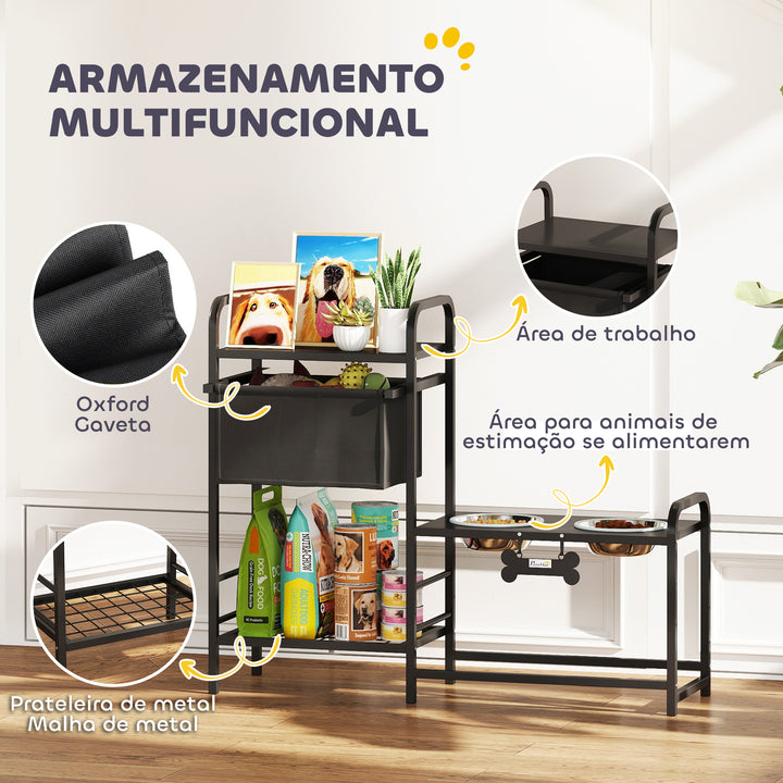 Comedouro Elevado para Cães com Gaveta em Tecido 2 Taças de Aço Inoxidável 2x800 ml Altura Ajustável 2 Prateleiras para Cães Pequenos e Médios 89,5x27x74 cm Preto