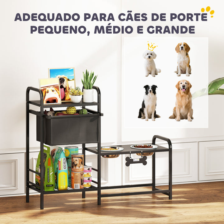 Comedouro Elevado para Cães com Gaveta em Tecido 2 Taças de Aço Inoxidável 2x800 ml Altura Ajustável 2 Prateleiras para Cães Pequenos e Médios 89,5x27x74 cm Preto