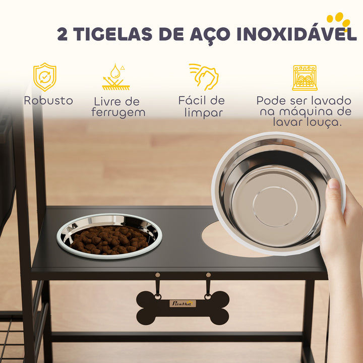 Comedouro Elevado para Cães com Gaveta em Tecido 2 Taças de Aço Inoxidável 2x800 ml Altura Ajustável 2 Prateleiras para Cães Pequenos e Médios 89,5x27x74 cm Preto