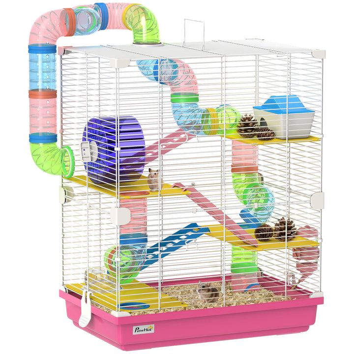 Jaula para Hamster de 5 Níveis, Casa para Roedores Pequenos com Túnel, Plataformas, Tigela, Bebedouro, Casinha, Rampas e Roda de Exercício, para Gerbos, 46x30x58 cm, Rosa