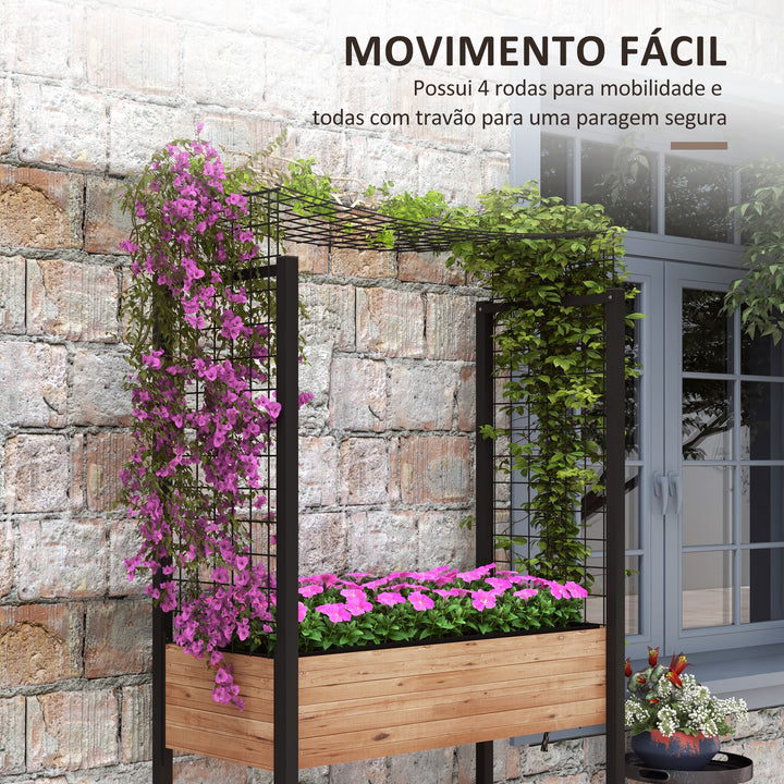 Horta Elevada com Rodas Horta Urbana Elevada com Treliça Orifícios de Drenagem para Plantas Trepadeiras Flores 110x49x190 cm Marrom