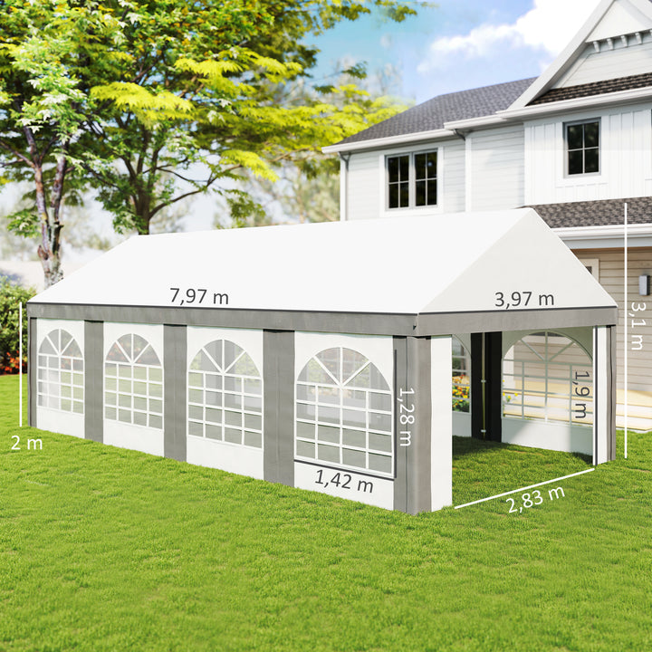 Tenda para Festa 4x8 m Tenda de Jardim com Paredes Laterais Removíveis Portas e Janelas, Impermeável Anti-UV Tenda para Casamentos Eventos e Exterior Cinzento e Branco
