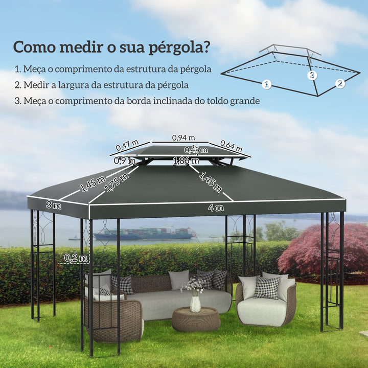 Toldo de Substituição 4x3m para Pérgola de Jardim 2 Níveis Respirável com 10 Orifícios de Drenagem Cobertura de Substituição de Pérgola Exterior Cinza
