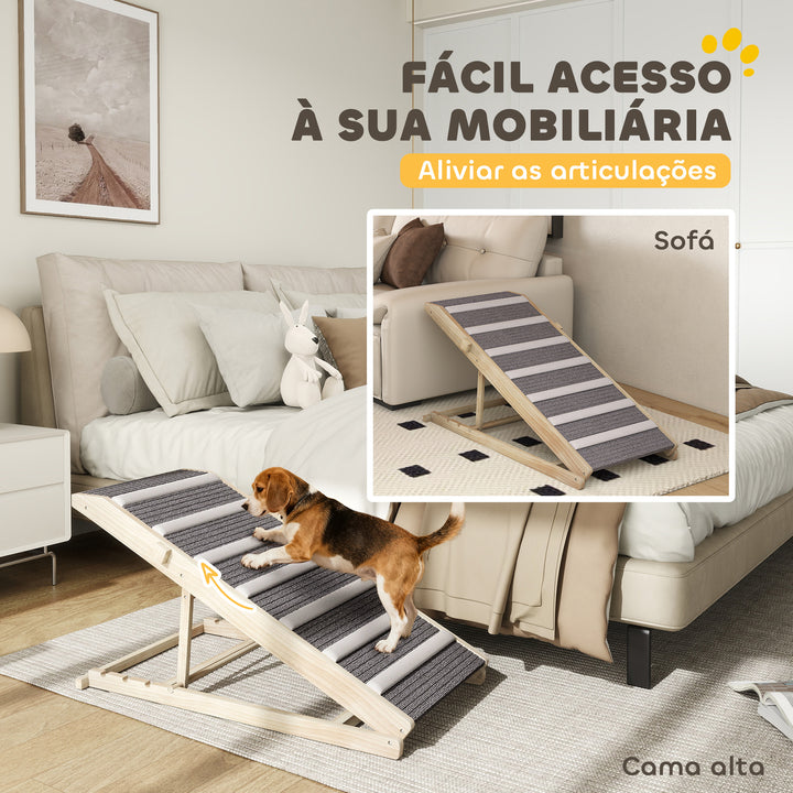 Rampa Dobrável para Cães com Altura Ajustável 35-50 cm Rampa para Animais de Estimação em Madeira com Tapete Antiderrapante e Alça para Cães Pequenos a Grandes para Cama e Sofá 100x50x50 cm Madeira e Cinza