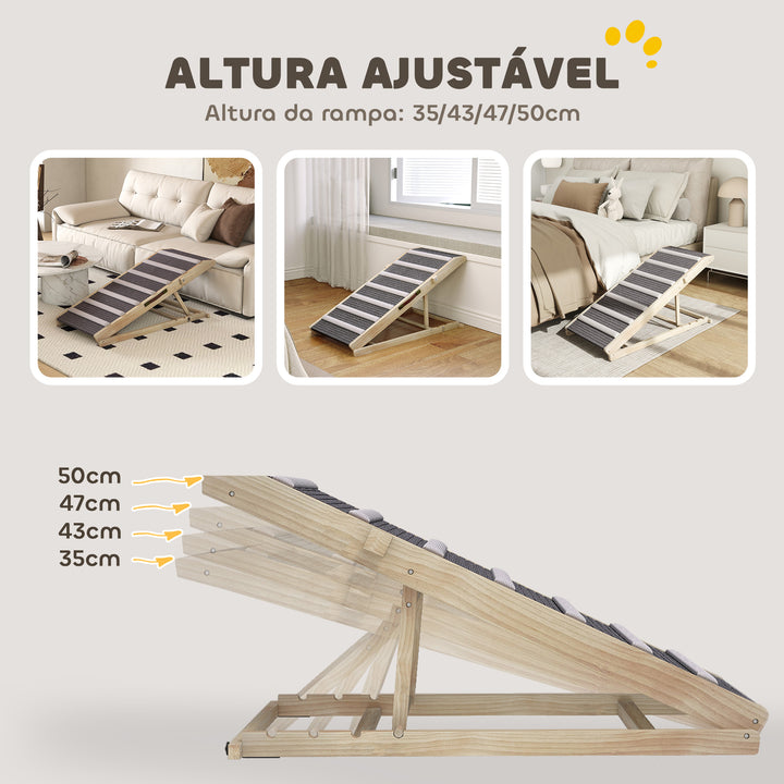 Rampa Dobrável para Cães com Altura Ajustável 35-50 cm Rampa para Animais de Estimação em Madeira com Tapete Antiderrapante e Alça para Cães Pequenos a Grandes para Cama e Sofá 100x50x50 cm Madeira e Cinza