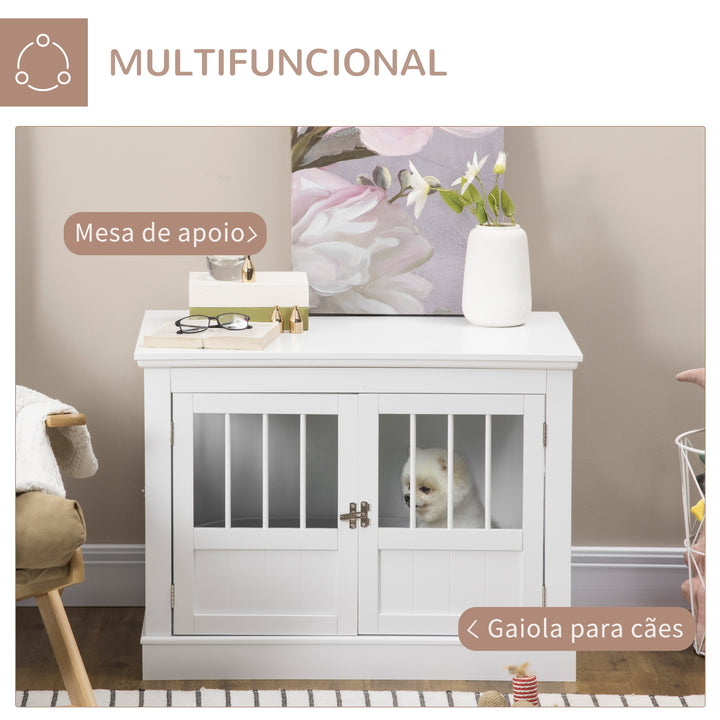 Gaiola para Cães com Mesa Auxiliar Casa para Animais de Estimação Moderna com 3 Portas Francês e Fecho Magnético para Cães Pequenos 78x53x59,3 cm Branco